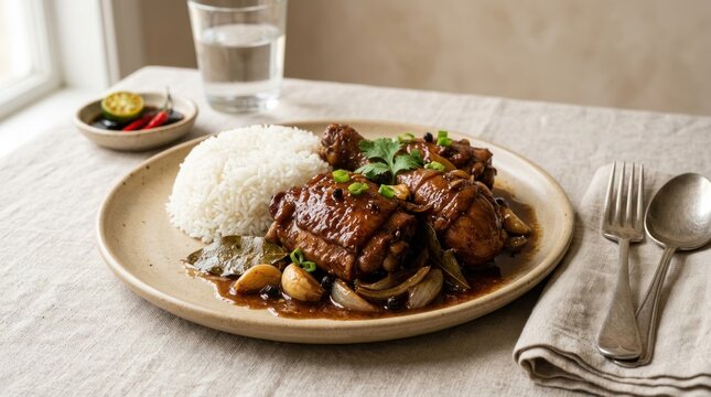 A plate of chicken adobo with rice and garnished with cilantro and lime.