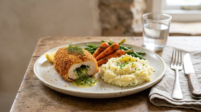 A plate of food with a chicken kiev, mashed potatoes, and vegetables on a rustic wooden table with a glass of water and a napkin.