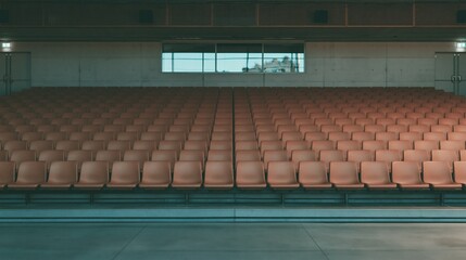 Naklejka premium Empty auditorium with neatly arranged rows of warm brown seats waiting for audience ready for conference performance or lecture event concept