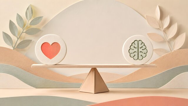 Paper Art Balance Scale Weighing Emotional Heart And Logical Brain Icons
