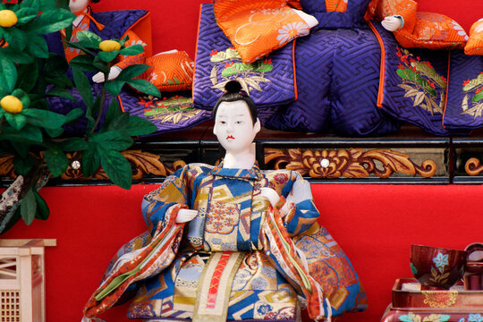 BEPPU, OITA, JAPAN - FEBRUARY 18, 2025: Detailed close-up of a traditional Hina doll displayed for the Hinamatsuri festival at Kamado Jigoku in Beppu.