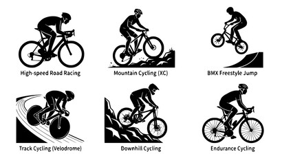 Fototapeta premium Dynamic Cycling Bicycle Racing and Sportsman Black Silhouette Vector Set