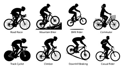 Fototapeta premium Bicycle Riders Cycling Racing Mountain BMX Black Silhouette Vector Collection