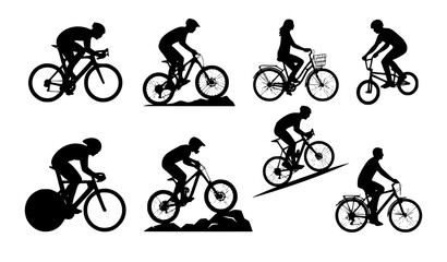 Fototapeta premium Cyclist Bicycle Racing Sport Black Silhouette Vector Icon Set