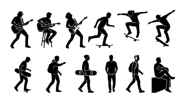 Musician Guitarist Skateboarder and Casual People Black Silhouette Vector Set