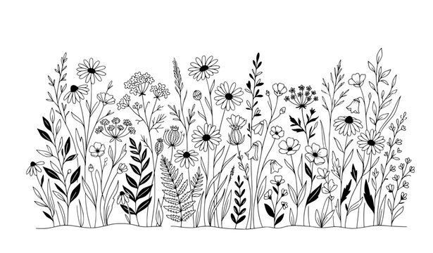 Hand drawn black and white meadow flowers and wild herbs botanical line art illustration
