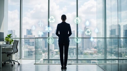 Fototapeta premium Businesswoman standing in front of window looking at city skyline with green energy icons, renewable power and sustainability concept for corporate social responsibility