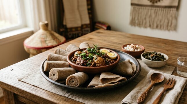 A wooden table with a traditional Ethiopian dish of injera bread and tibs (stir-fried meat and vegetables) on a plate.