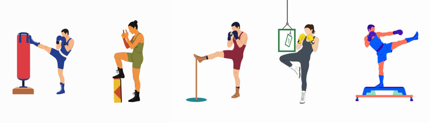 Fototapeta premium Set of flat vector illustrations of diverse athletes practicing kickboxing, boxing, and martial arts moves against a clean white background.