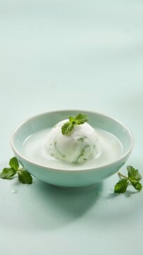 A scoop of mint ice cream floating in a light blue bowl filled with milk or cream, garnished with fresh mint leaves on a pastel blue background.