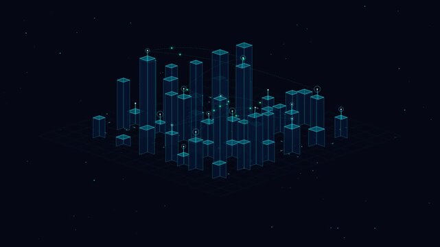Digital isometric bar charts visualization featuring glowing nodes and moving network data connections in this sleek abstract motion video clip