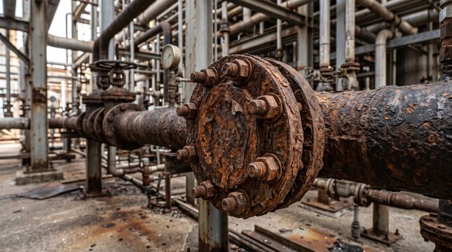 Rusty industrial pipes with bolted flange in refinery plant.
