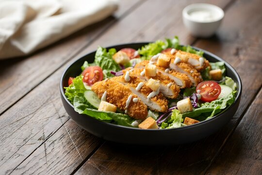 Crispy fried chicken salad with fresh lettuce, tomatoes, cucumbers, and croutons, drizzled with creamy dressing on a rustic wooden table.