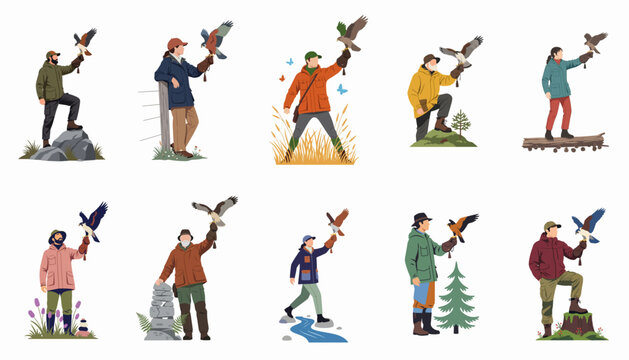 Flat illustration set of diverse falconers and bird trainers holding various raptors and birds of prey in outdoor settings, isolated on white background.