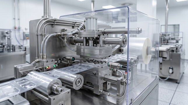 Blister packaging machine operating in a modern pharmaceutical factory.