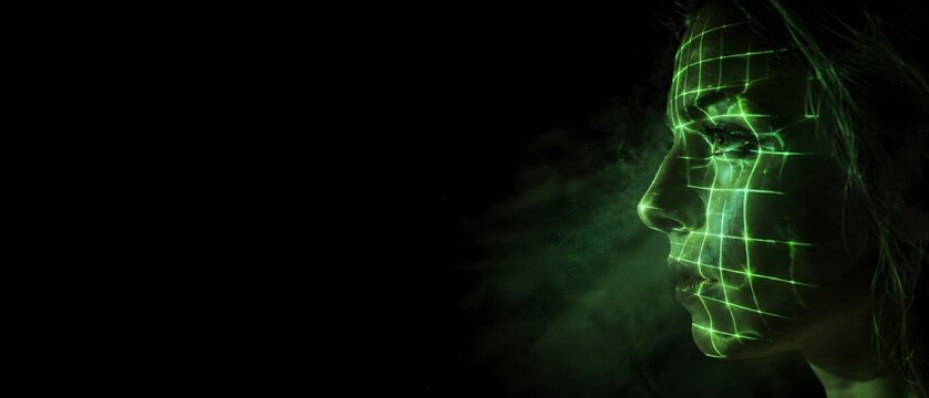 Close up profile of young woman face with glowing green laser grid matrix projection, AI biometric facial recognition system and cyber security access technology concept with large copy space