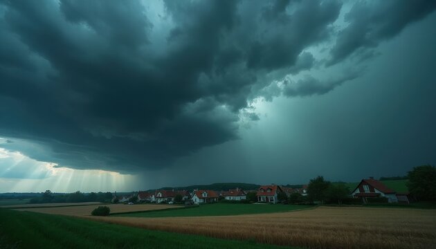 Dark storm clouds gather over rural village landscape. Massive thunderhead moves above agricultural fields, houses during summer. Dramatic sky creates intense atmosphere before heavy rain fall.