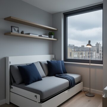 Sofa bed in minimalist bedroom with city view