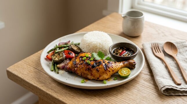 A plate of grilled chicken with rice and vegetables on a wooden table.