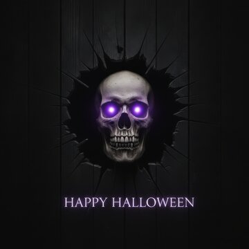 Pixel art human skull with glowing purple eyes and happy halloween text on a dark background