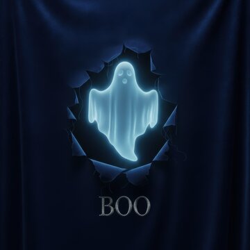 Glowing blue ghost silhouette floating in the dark with the word boo written below