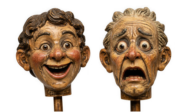 Two vintage wooden ventriloquist puppet heads showing contrasting expressions of joy and fear isolated on transparent background