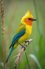 Fototapeta premium Small bright yellow bird with orange face, blue wings sits on thin wooden branch. Tropical creature rests in green natural environment outdoors. Beautiful feathered animal poses side view for camera.