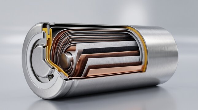 Lithium ion battery cross section showing internal cell structure.