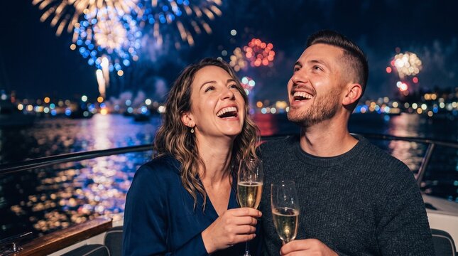 Ecstatic young couple watching colorful New Year fireworks display on boat cruise while holding champagne, romantic holiday party celebration background for luxury travel tourism ad layout.