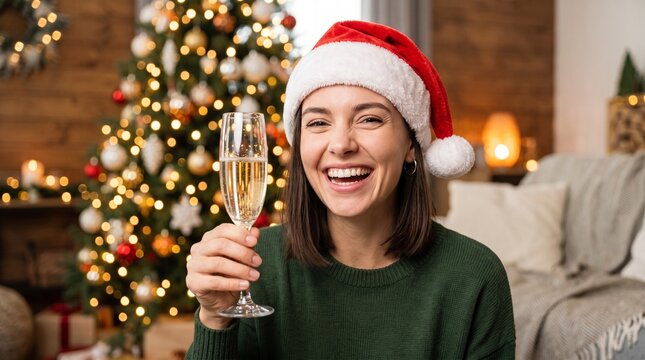 Joyful woman in Santa hat proposing a champagne toast near Christmas tree, ideal for holiday party invitation, New Year beverage advertising, festive greeting banner and winter marketing.