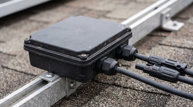 Solar panel junction box installed on rooftop mounting system.