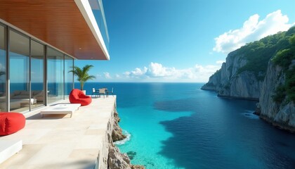 Fototapeta premium Modern luxury villa on steep cliff edge features expansive glass walls overlooking vast blue sea lagoon. Sunny terrace provides red lounge chairs, outdoor dining area. Tropical mountain landscape