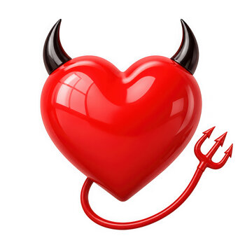 3d render of a glossy red heart with devil horns and a trident tail isolated on transparent background