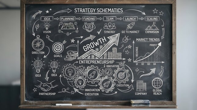 Business growth strategy chalkboard schematic with entrepreneurship roadmap, startup planning diagrams, marketing goals, finance icons, innovation sketches, analytics charts, and success arrow concept