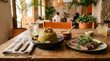 Fototapeta premium A wooden table with a plate of food, including a green rice dish and a steak, with a glass of water and a cup of tea on the table. 