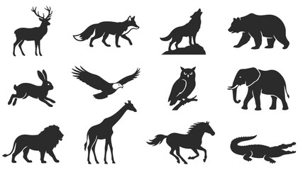 Obraz premium Set of wild animal silhouettes isolated on white background