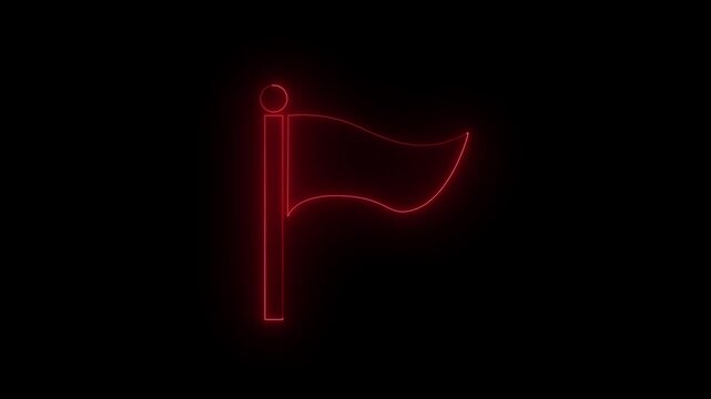 Red glowing neon flag icon on a flagpole isolated on a black background. Minimal luminous wavy banner outline for technology, sports, and marker concepts.