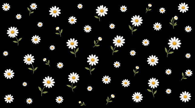 White daisies with yellow centers and green stems scattered on a black background