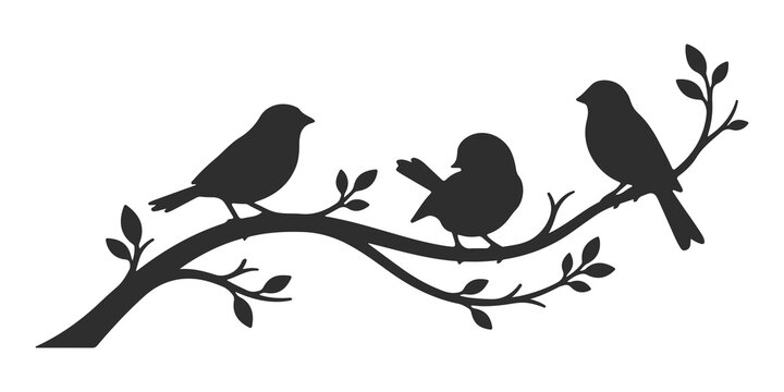 Three birds sitting on a tree branch silhouette isolated on white background