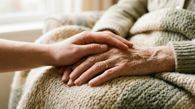 Compassionate caregiver holding elderly hand, senior patient receiving comfort and support, empathy in geriatric healthcare