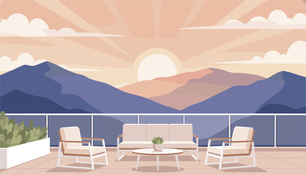 Modern outdoor terrace balcony overlooking mountain range during a serene sunset with comfortable sofas and a coffee table.