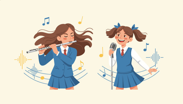 Talented schoolgirls performing music with one girl playing the silver flute and another singing into a microphone.