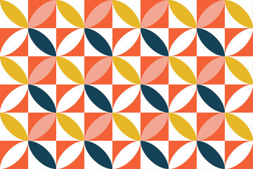 Mid-century modern geometric pattern with colorful abstract floral shapes and grid design.