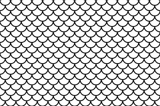 Black and white fish scale pattern background with repeating geometric curved shapes.