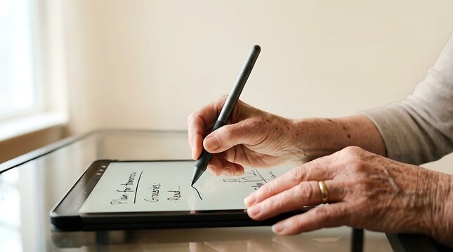 Elderly person hands using digital stylus pen to write notes on e-paper tablet screen