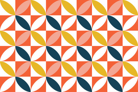 Mid-century modern geometric pattern with colorful abstract floral shapes and grid design.