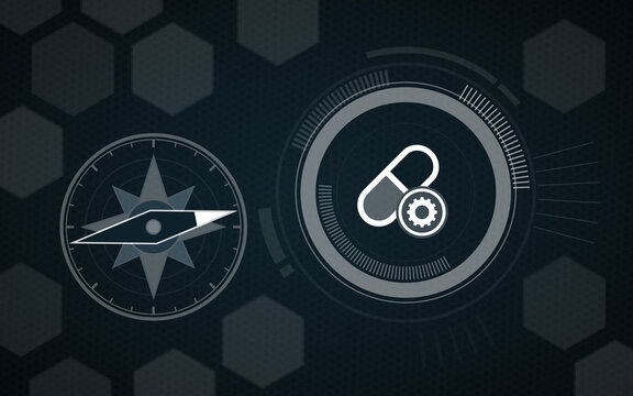 Futuristic medical technology concept with a compass pointing towards a pill and gear icon, representing health science navigation and pharmaceutical industry innovation settings