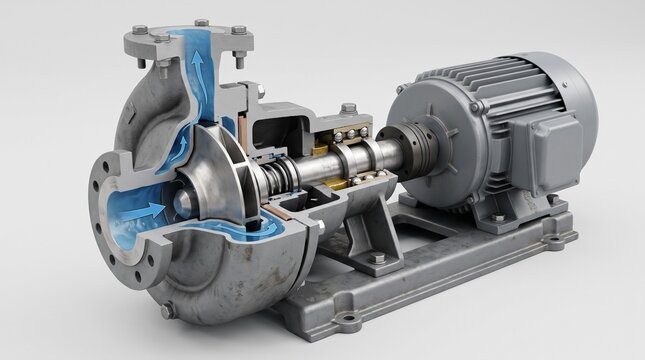 Centrifugal water pump cross section showing internal mechanical operation.