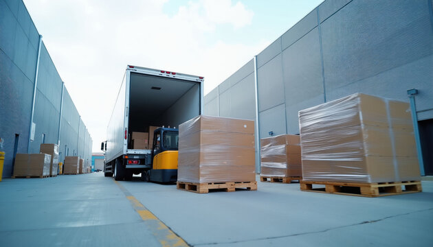 Yellow forklift loads shrink wrapped cardboard pallets into semi trailer at commercial shipping dock. Industrial warehouse logistics workers move goods for distribution transport. Pro freight