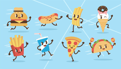 Fototapeta premium Group of adorable cartoon fast food characters running together including hamburger, pizza, french fries, soda, and ice cream cone.